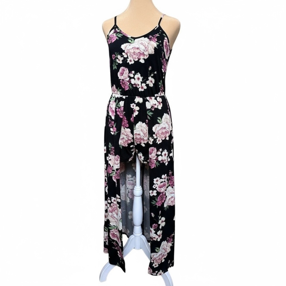 Caution To The Wind Floral Maxi Overlay Romper Black Pink Boho Fall Outfit S‎